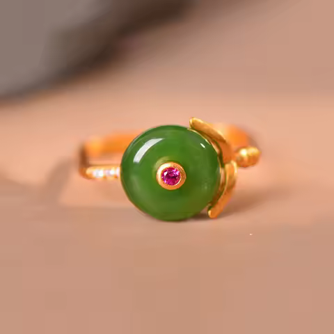 Ancient gold craft Natural Hetian jade vintage charm unique square design rings for women adjustable