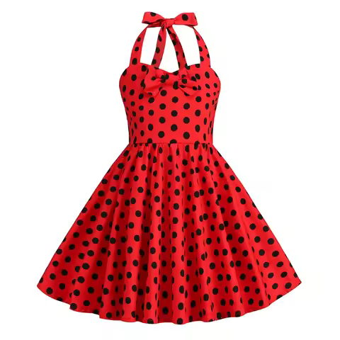Vintage Polka Dot Halter Dress 50s 60s Audrey Retro Swing Party Dress Print Sleeveless A-Line Casual