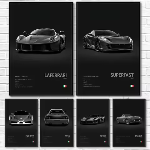 F-Ferrari Black Car Famous F40 ENZO SF90 F12 Poster Sticky Wall Art Printing Waterproof Home Living