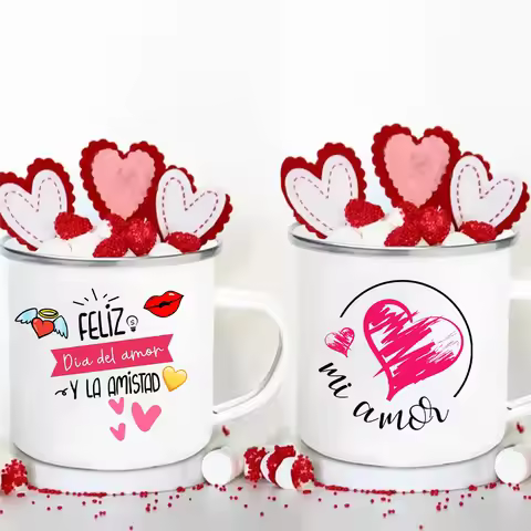 Happy Love and Friendship Day Print Valentine Enamel Mugs Coffee Mug Valentine's Party Drink Wine Ju