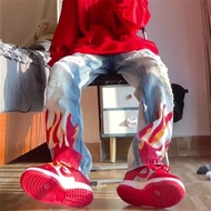 Cyber Y2k Men Hip Hop Streetwear Flame Hole Washed Baggy Jeans Low Rise 2000s Ripped Alt Denim Trous