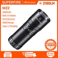 SUPERFIRE ไฟฉาย M22ไฟไฟฉายซูมได้ไกลกำลังสูงระยะไกลชนิด C ชาร์จไฟได้18650ไฟฉายฉุกเฉินแบตเตอรี่