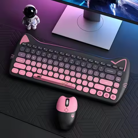 GEEZER Wireless Silent Keyboard Mouse Combo, Pink-Black Cat Ear Retro Round Keycaps US QWERTY Layout
