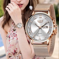 LIGE นาฬิกาแฟชั่นผู้หญิงบางเฉียบหรูหรานาฬิกาสตรีสแตนเลสกันน้ำปฏิทินสัปดาห์นาฬิกาควอตซ์ + กล่อง