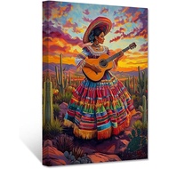 CCWACPP Mexican Woman Wall Art Mexican Canvas Art Cactus Landscape Decor Desert Artwork Cactus Scene