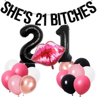21st Birthday Decorations for Her, Black Pink 21st party Decorations for Women, Black 21 Balloon Num