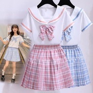 INS Dress for Kids Girl Clothes 2pcs Set Short Sleeve Bowknot Navy Collar Shirt Tops with JK Plaid S