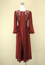 貞新二手衣 專櫃 磚紅雕花圓領長袖蕾絲棉質洋裝F號(45961)