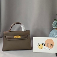 【Awin】Top 1 Quality Mini Gold Buckle Epsom Leather Shoulder Handbag, Correct Version Elephant Grey L