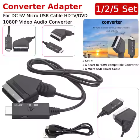 1/2/5 Set 1m Audio Video Adapter Scart To HDMI-compatible 1080P Video Audio Converter DC 5V Micro US