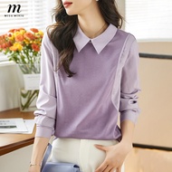 Missumixiu Taro เสื้อปกสีม่วงของผู้หญิง2022ฤดูใบไม้ผลิและฤดูใบไม้ร่วงลายเย็บแขนยาวปลอมสองชิ้นท็อปส์สไตล์เกาหลี