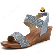 VRAIEMODE Ankle Strap Wedge Sandals Soft Elastic Band Bohemian Sandals Mid-Heel Non-slip Roman Shoes