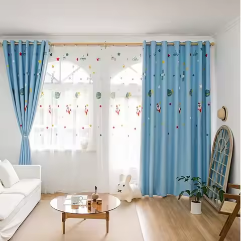 Cartoon Rocket Spaceship Printed Curtain for Kids Children Boy Blackout Nursery Blue Outer Space Fre