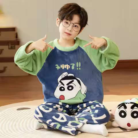 Anime 2Pcs Crayon Shin-Chan Boys Children Plush Pajamas Set Cartoon Autumn Winter Flannel Pullover P
