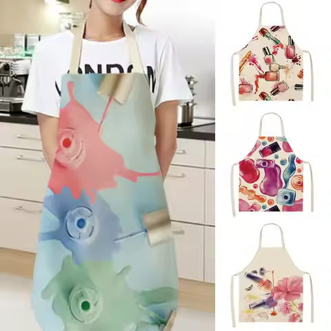 New Linen Apron Colorful Nail Polish Cosmetics Theme Print Kitchen Aprons Unisex Dinner Party Cookin