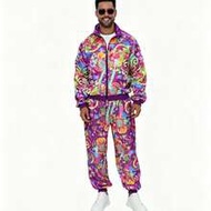 2pcs Set (All-Over Print Zipper Long Sleeve Top + Pants) Does Not Include Shoes And Fashion Glasses 