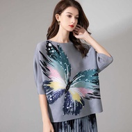 ay Elegant Versatile T-Shirt For Women 2025 Summer New Fashion Butterfly Print Pleated Top