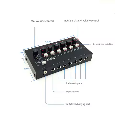 6 Channel Ultra Low Noise Stereo Line Mixer Mini Professional Sound Mixer Power Supply DC5V Easy Ope
