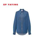 เสื้อเชิ้ตยีนส์ลายมุกสีไล่เฉดสี ผ้าลินิน ทรงหลวม ปกโปโล แขนยาว ปกปิดไหล่ ฤดูใบไม้ผลิ 2024 เสื้อเชิ้ต