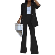 1 Set Women Blazer Pants Solid Color Wide Leg Autumn Winter Double Breasted Lapel Suit Set for Office