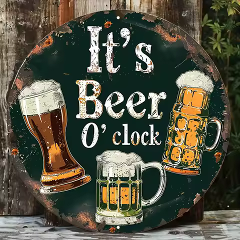 1pc It's Beer O'clock" Vintage Aluminum Sign - 7.8x7.8 Inch Round Metal Wall Art with Fun Beer Mug D