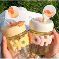 HOHO Glass Drinking Bottle HOHO 400ML Drinking Glass/ with Lid and Straw Aesthetic Tumbler Glass/