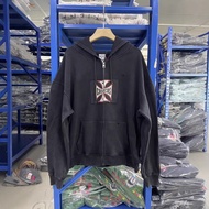 Q1MO West Coast Choppers Retro Heavy Distressed Iron Cross Zipper Hooded Sweatshirt Men Women Trendy