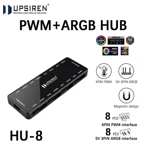 UPSIREN HU-8 Chassis Fan Hub，8 Sets of ARGB and PWM Interfaces,Bottom magnetic design，Support mother