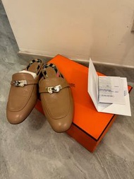 Hermes Kelly oz 半拖 拖鞋 loafer 杏色銀扣