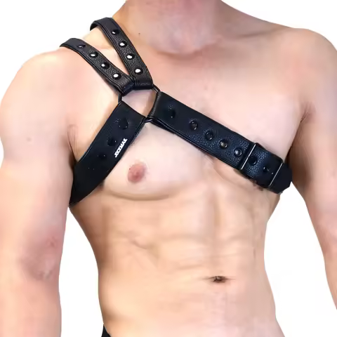 Men's Leather Tri Harness Chest Armor Buckles Adjustable Size Jockstrap Gay Costume.Adjustable Left 