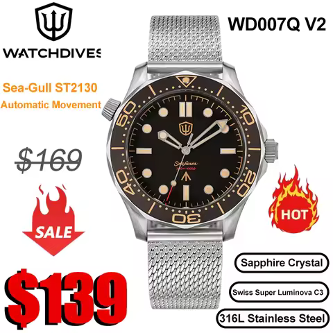 Watchdives Seafarer WD007Q V2 VH31 Titanium NTTD Dive Watch Sweep Second Quartz Movement Luminous Sa