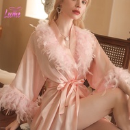 Plus Size M-XXL Women Pajamas Bridal Robe Bath Robe Feather Robe Short Robe Long Sleeve Robe Silk Sa