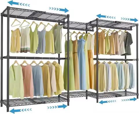 X3 Basic Expandable Closet System, Heavy Duty Freestanding Open Wardrobe with Long Hanging Area, 5 H