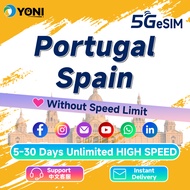 Portugal, Spain eSIM 1-20GB Unlimited 5G Data | Instant Email Delivery | 西班牙、葡萄牙无限流量上网卡 | Yoni