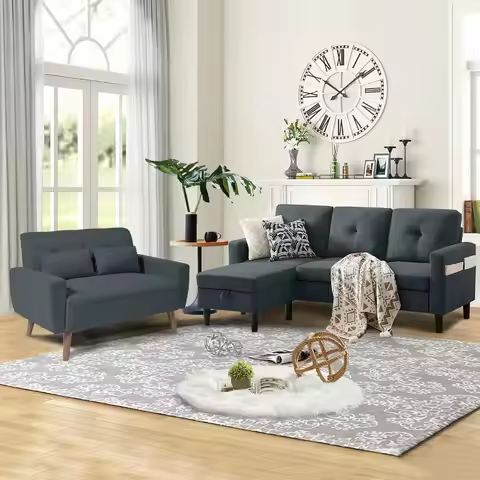 2-Seater & 3-Seater Sofa Set with Ottoman, Modern Living Room Furniture for Apartment & Office, Dark