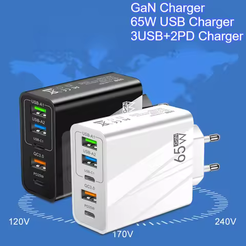 Total 65W Fast Charger PD 20W 5 Ports USB Charger QC 3.0 Phone Adapter For Samsung Xiaomi Huawei Wal