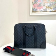 Gucci古馳 黑色老花拼皮手提包肩背包 電腦公事包
