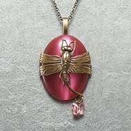 Pink Dragonfly Necklace Dusty Rose Cat Eye Oval Brass Pendant Necklace Jewelry