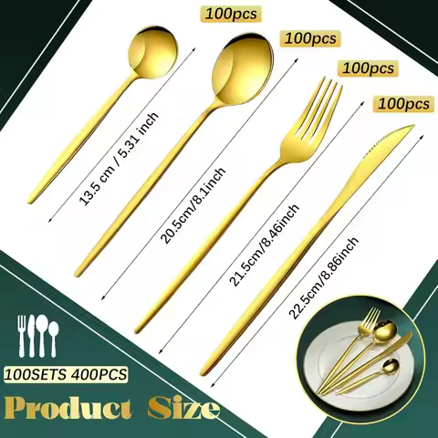 400 Pcs Gold Silverware Set with Spoons and Forks Portable Stainless Steel Flatware Reusable Utensil