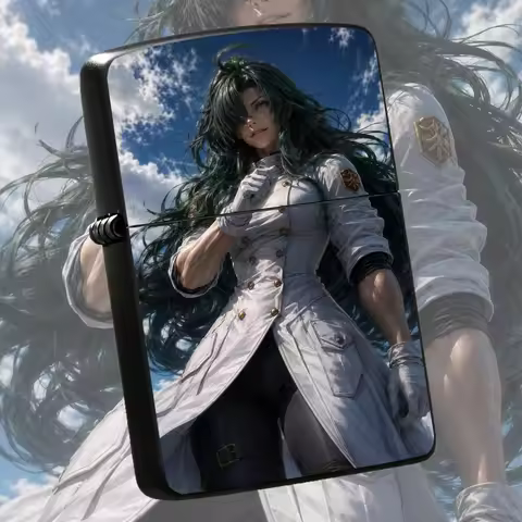 Anime Style Cool Long Dark Green HAIR Character Lighter White Coat Muscular Lady Pattern Durable Hou