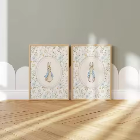 2 Pieces of Frameless Rabbit Nursery Decoration,Retro Peter Rabbit Print,Unisex Nursery Art, Beatrix