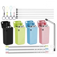 Portable Reusable Straw Metal Straw Set New Folding Straw Telescopic Straw Foldable Reusable 304 Stainless Straw Silicone Straw with Straw Cleaner Straw Cleaning Brush