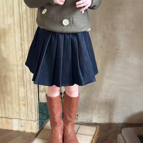 JK short Skirt Cowboy High-waisted Pleated Midi Skirt Autumn Grils Children Korean Loose Casual Fash