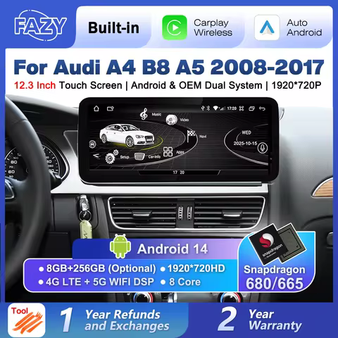 FAZY Android 14 Qualcomm 680 Wireless CarPlay Touch Screen For Audi A4 B8 A5 8K 2008-2016 Car Radio 