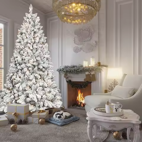 5FT Flocked Christmas Tree with 300 UL Lights, 27 Natural Pine Cones, Snowy PVC Tips, 600 Tips, Hing