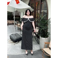 40kg-80kg cute and pretty long bodycon dress with ruffled shoulders and polka dot lace trim