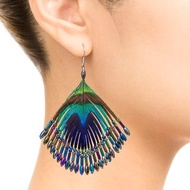 天然孔雀羽毛串琉璃珠造型耳飾