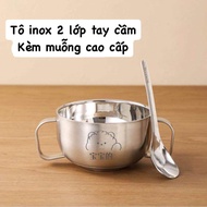 Chén ăn dặm inox 316 2 lớp tay cầm Kèm muỗng hình gấu cao cấp