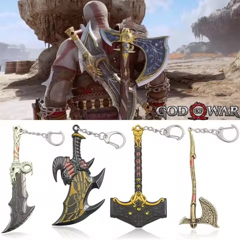 God of War 5 Ragnarok Keychain Kratos Leviathan Axe Blades of Chaos Mjolnir Hammer Weapon Pendant Ke