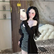 Women's dress Set 2 Piece outerJacket + Korean style strapless striped bodycon dress